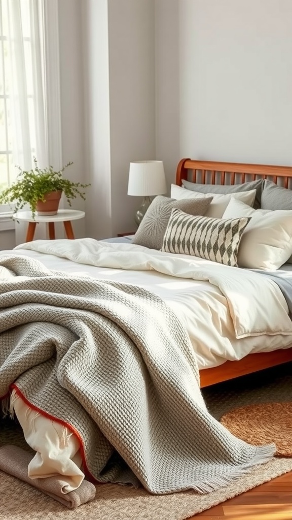 A cozy bed with a chunky knit throw, white bedding, and patterned pillows