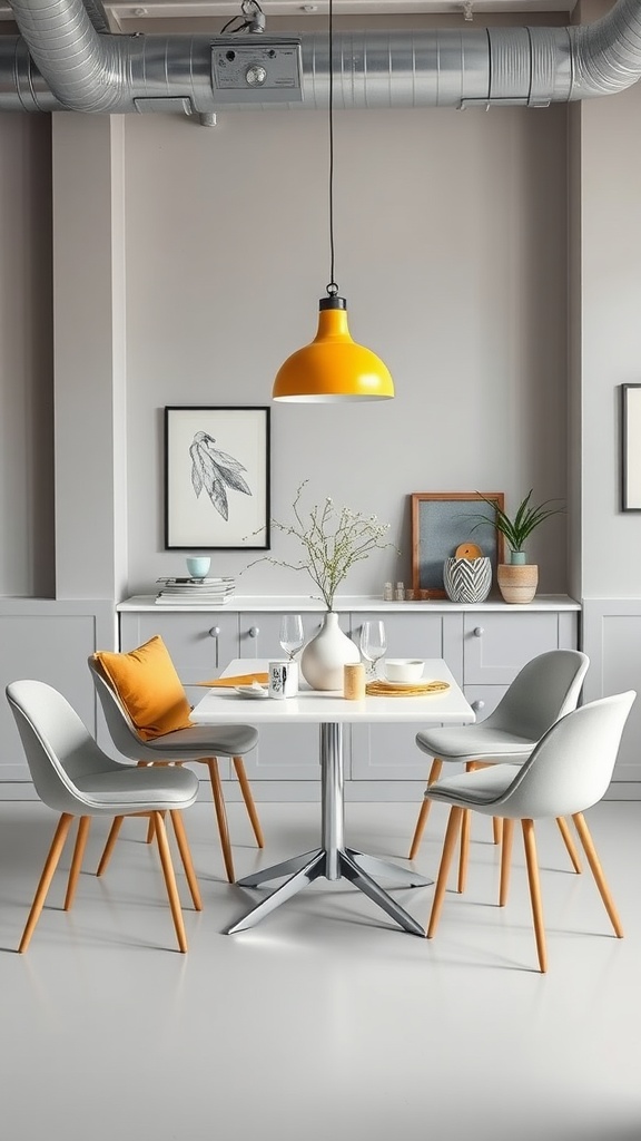 A dining room featuring light grey walls and furniture with vibrant mustard accents.