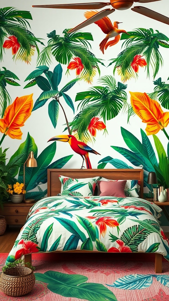 A colorful tropical bedroom featuring a vibrant mural, botanical print bedding, and wooden furniture.