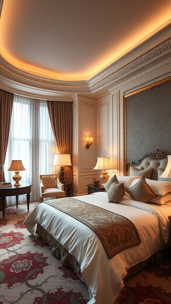 An elegant hotel suite featuring a plush bed, ornate furnishings, and soft lighting.