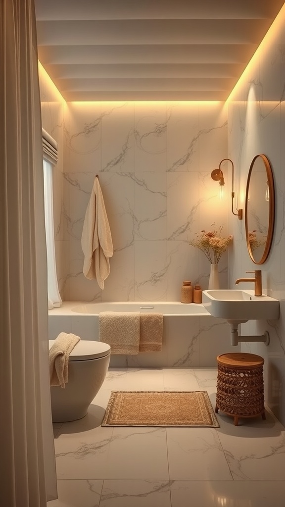 A serene Japandi bathroom featuring soft lighting, neutral textiles, and elegant decor.