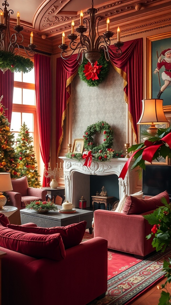 Luxurious holiday themed living room with velvet accents, featuring red sofas, a Christmas tree, and festive decorations.
