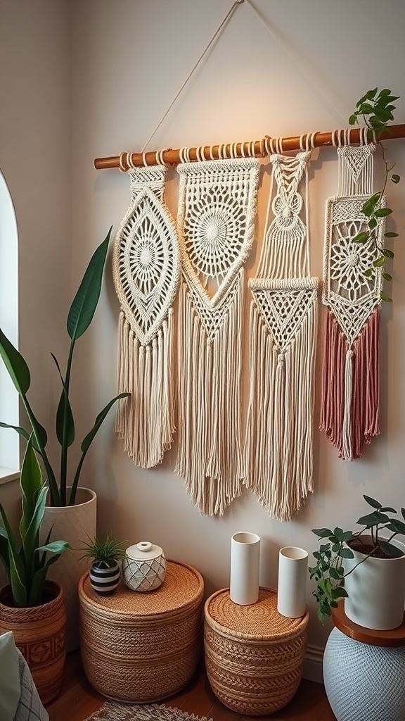 A collection of macramé wall hangings displayed with plants and woven baskets in a cozy bedroom setting.