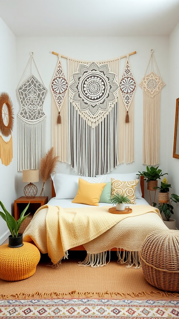 Cozy boho bedroom with macrame wall hangings above a bed, featuring yellow and earthy tones.