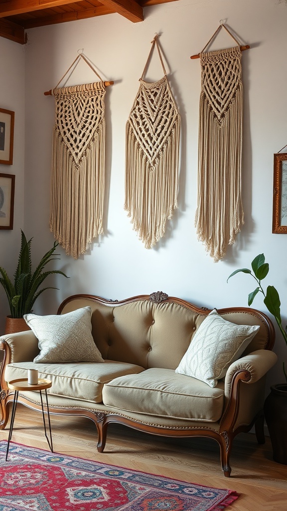 Three macrame wall hangings above a beige sofa in a cozy living room.