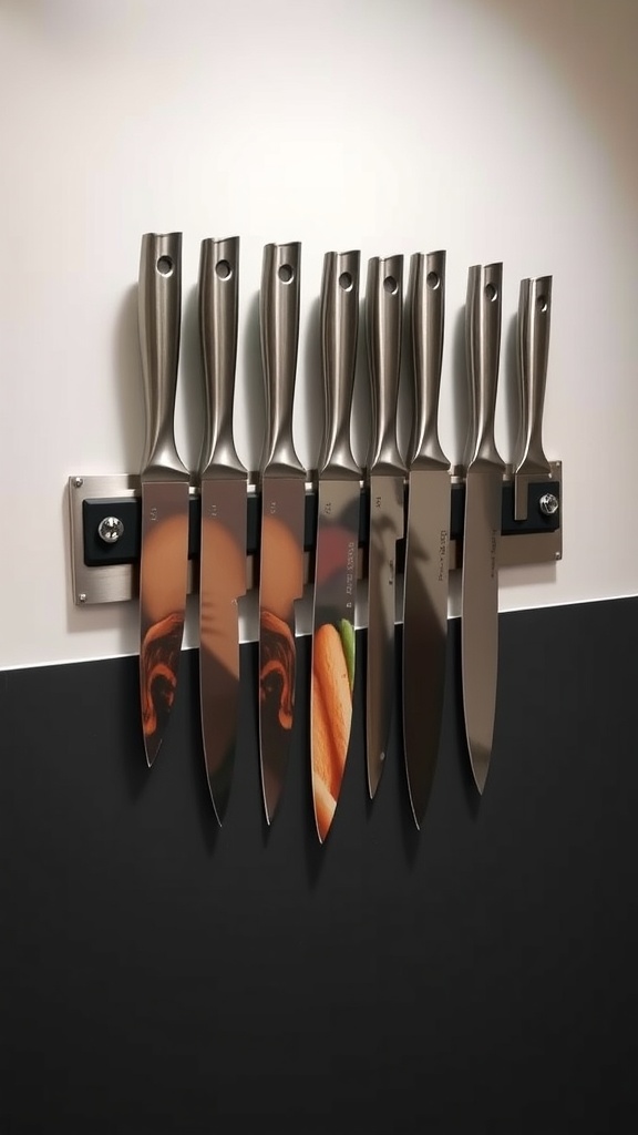 A magnetic knife strip displaying several knives mounted on a wall.