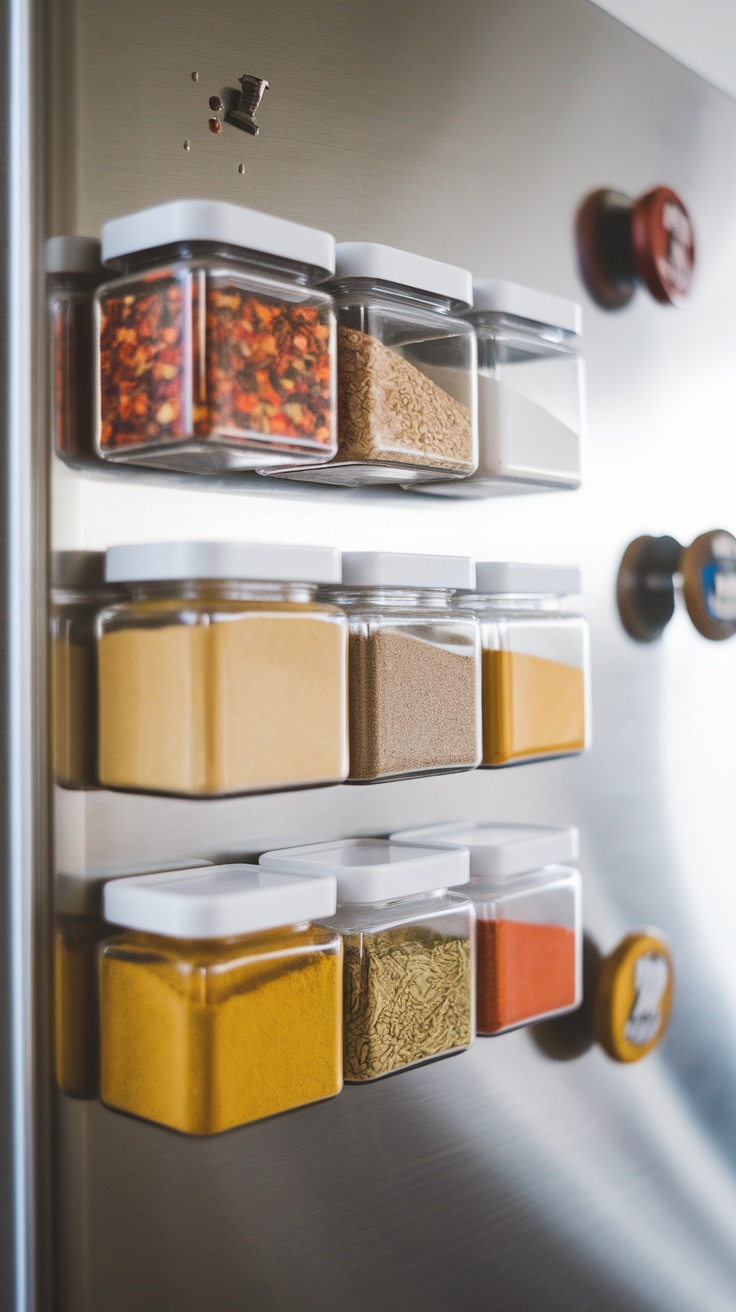 Magnetic spice jars arranged on a refrigerator, showcasing various spices in clear containers with black lids.