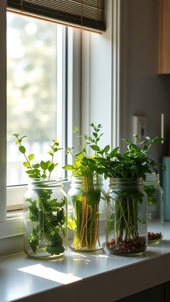 A sunny windowsill with mason jars filled with fresh herbs.