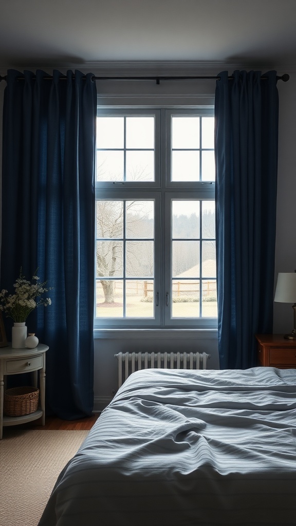 Bedroom with midnight blue curtains and soft bedding.