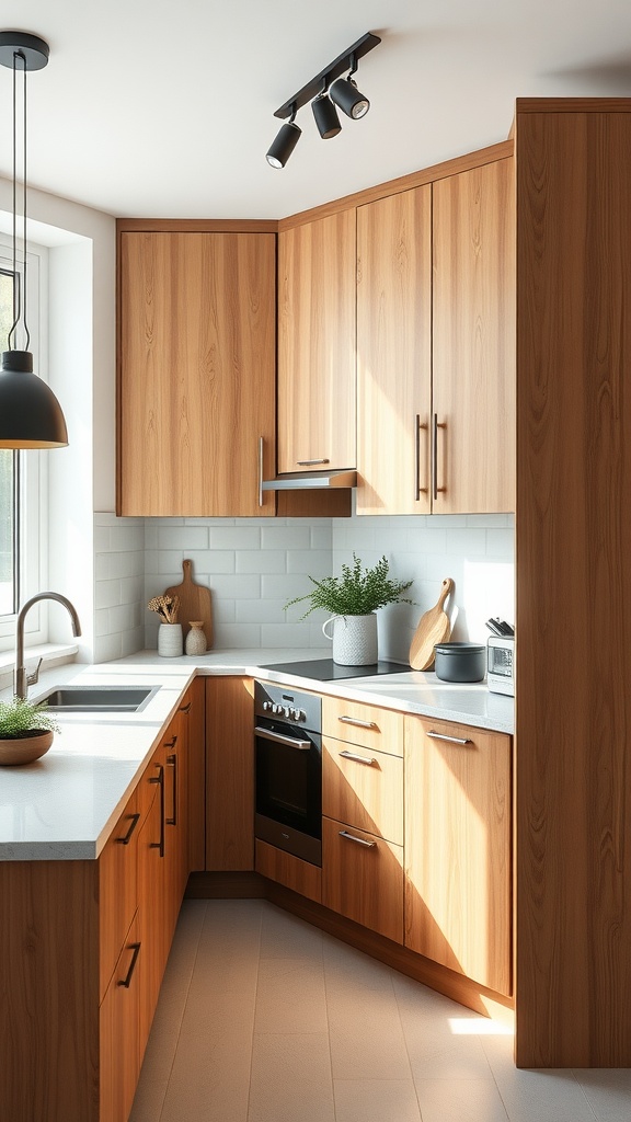 A Scandinavian kitchen featuring natural wood cabinetry, a sleek countertop, and bright natural light.