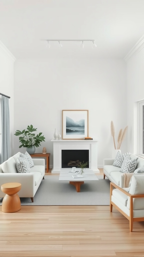 Minimalist coastal living room with simple lines, featuring light colors, clean furniture, and natural elements.