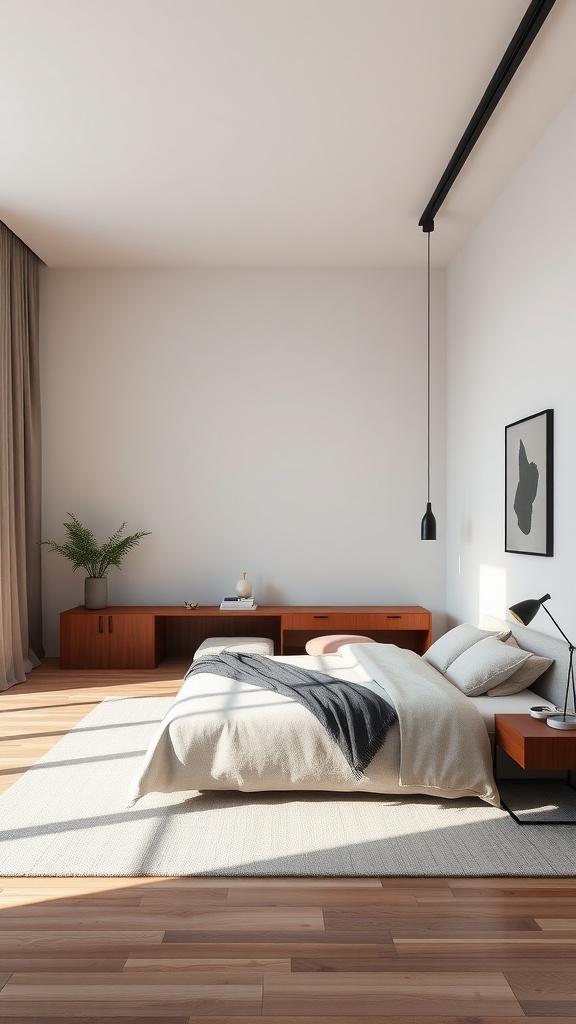 A minimalist Japandi bedroom featuring a low bed, wooden furniture, and natural elements.
