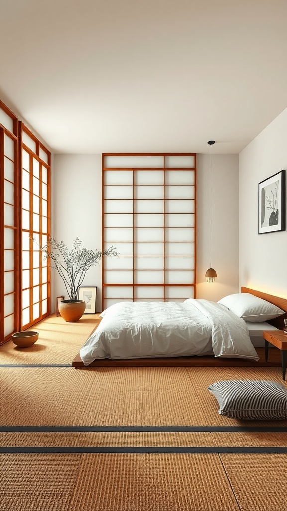 A minimalist Japanese bedroom with tatami flooring and wooden accents.