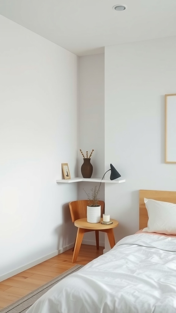 Minimalist Scandinavian bedroom with wooden bed, side table, lamp, and decorative elements.
