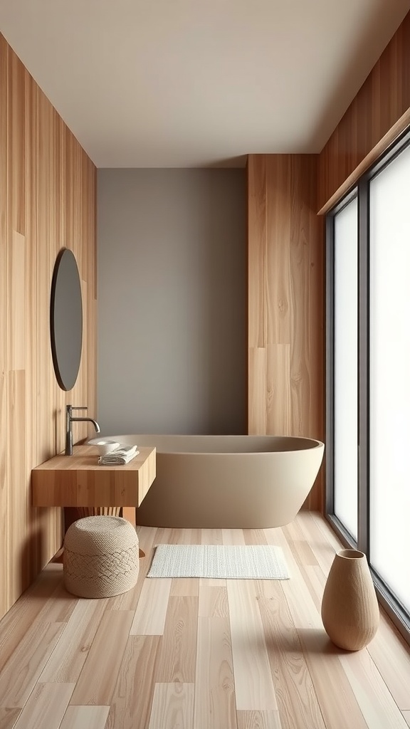 A minimalist bathroom with wooden walls, a smooth bathtub, and natural decor elements.