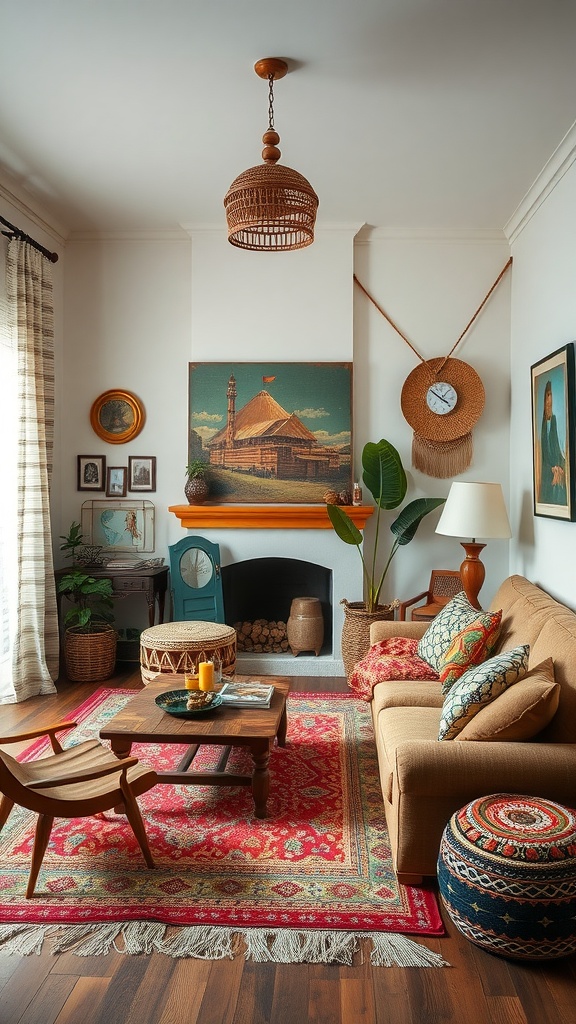 A cozy boho living room featuring cultural decor elements, textured fabrics, and greenery.