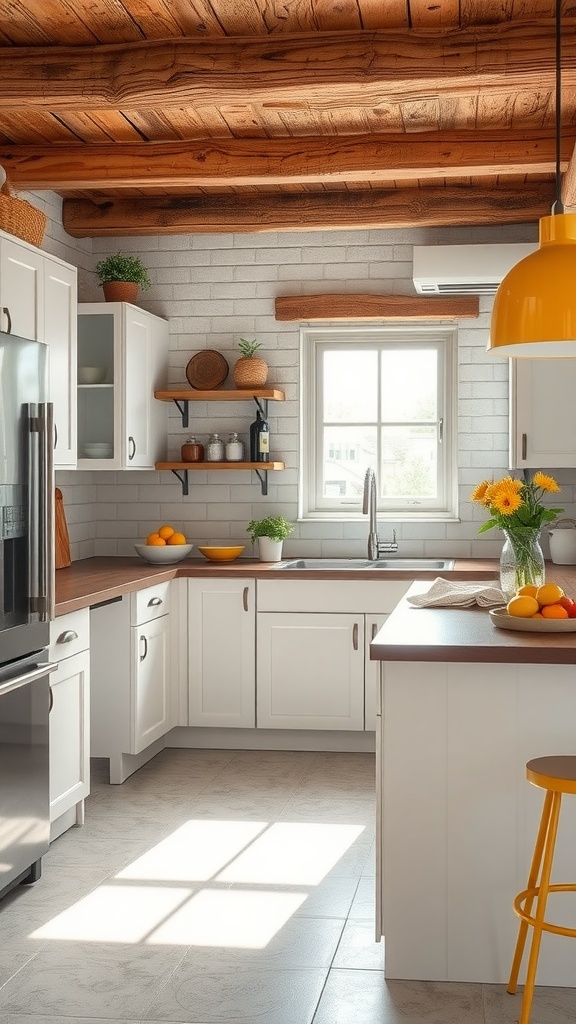 Bright kitchen with wooden beams, white cabinets, and a yellow pendant light