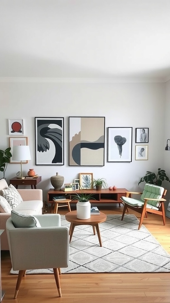 Cozy Scandinavian living room featuring a mix of vintage and modern decor elements.