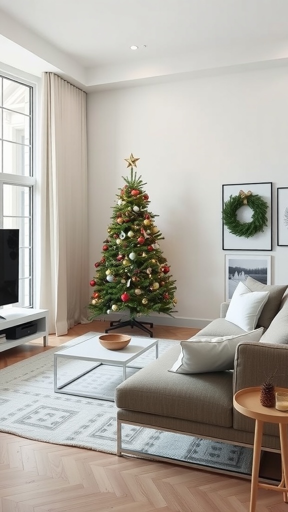 A modern minimalist living room decorated for the holidays with a Christmas tree and subtle decorations.