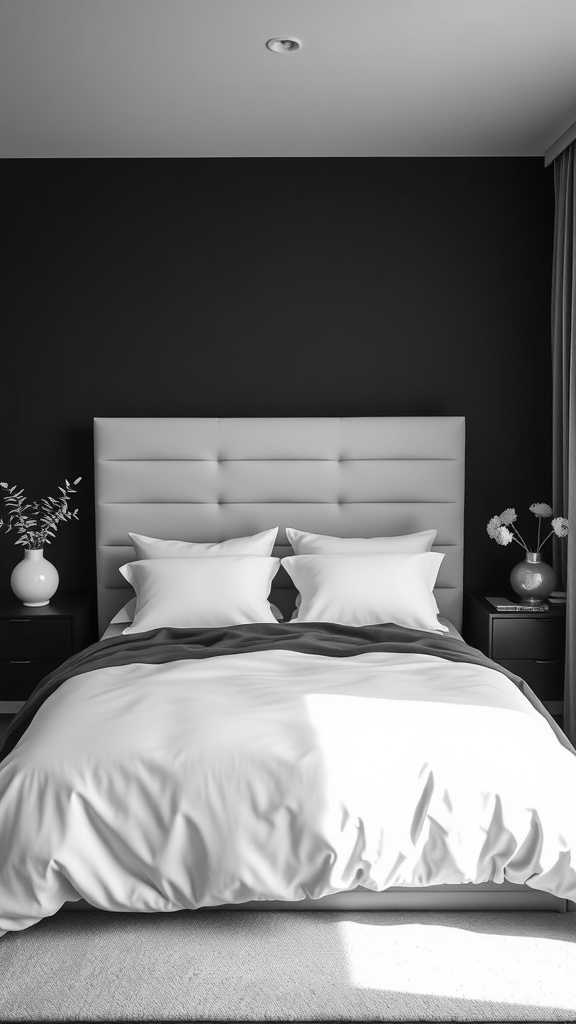 A modern bedroom featuring a monochrome palette, with a black wall, white bedding, and gray accents.