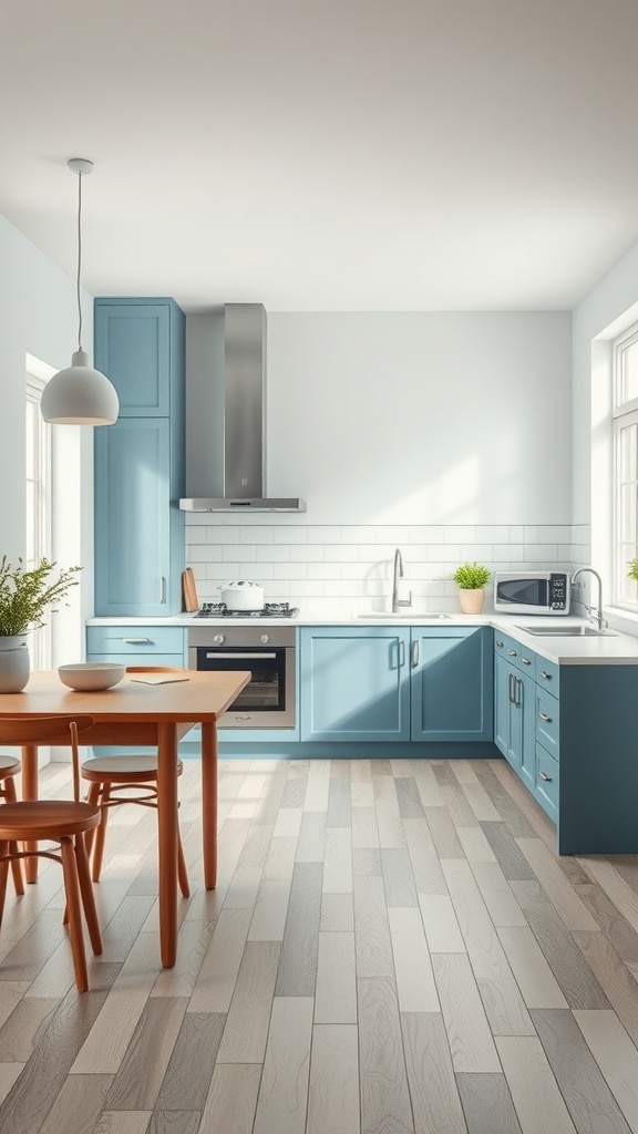 A modern kitchen featuring muted blue cabinetry, crisp white countertops, and light wood flooring, with a round orange dining table and potted plant.