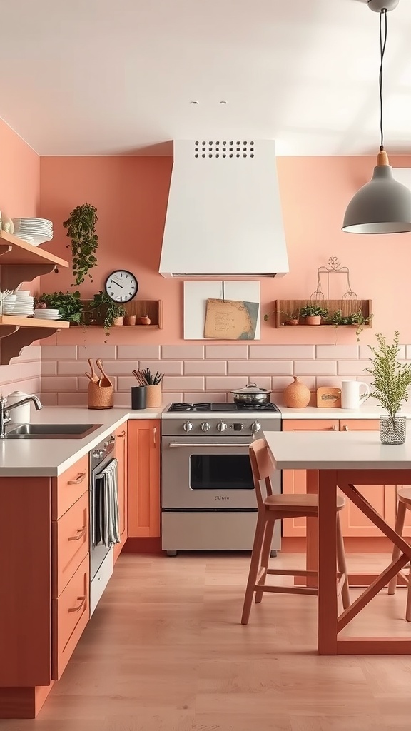 A kitchen featuring muted coral cabinets, a soft white range hood, and open shelving with plants.