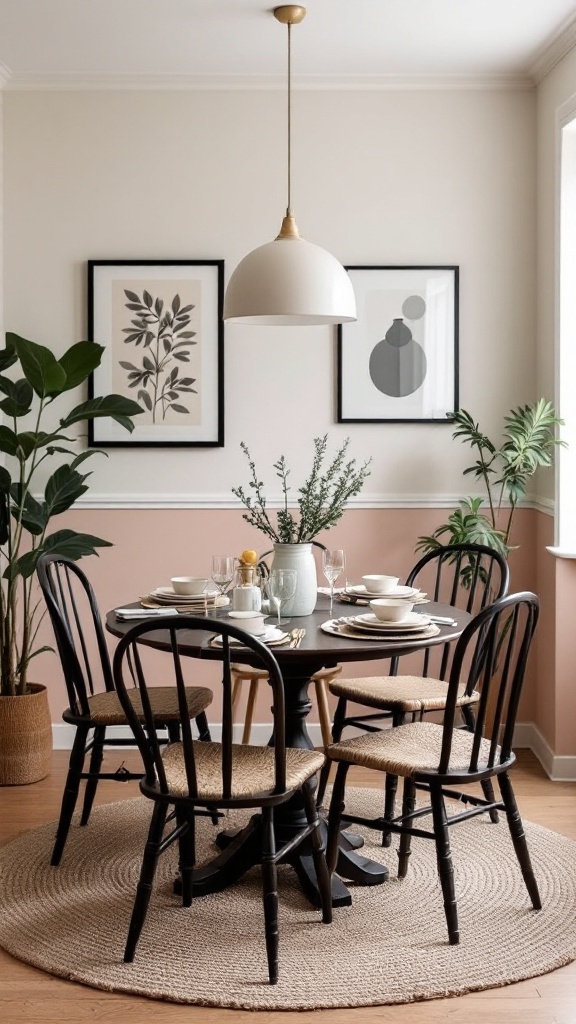 A dining room featuring a round black table and dark wooden chairs, with muted pastel walls and a chandelier above.