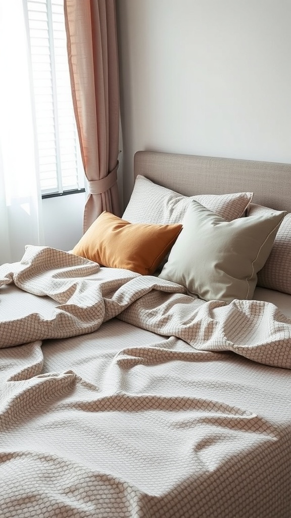 A cozy bed with quilted bedding in muted colors, adorned with soft pillows, creating a tranquil atmosphere.