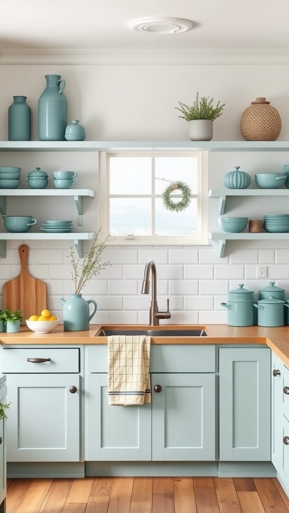 A modern farmhouse kitchen featuring muted teal accessories like vases and bowls, with wooden countertops and open shelving.