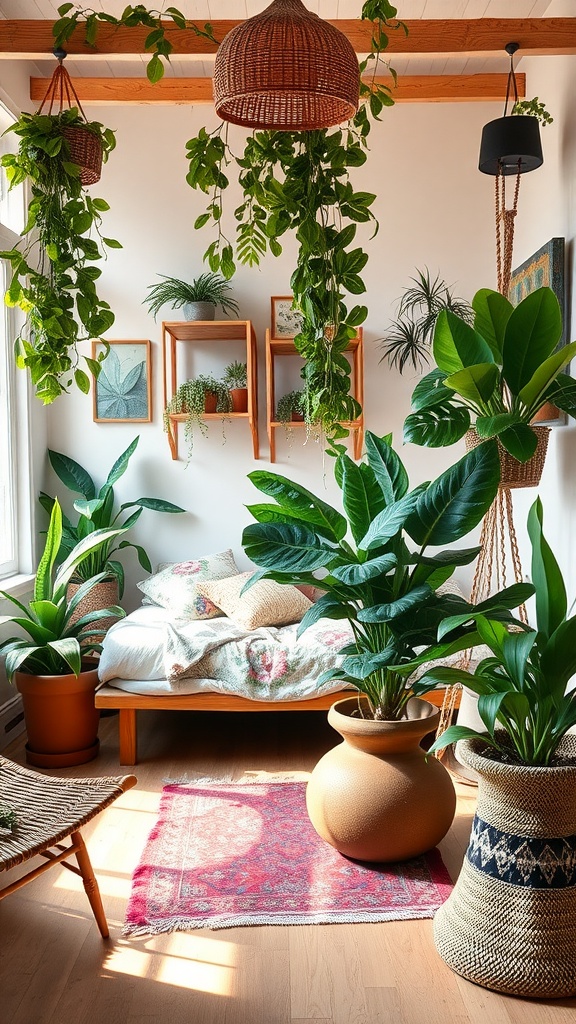 A bright boho bedroom featuring various indoor plants, a wooden bed, and woven decor elements.