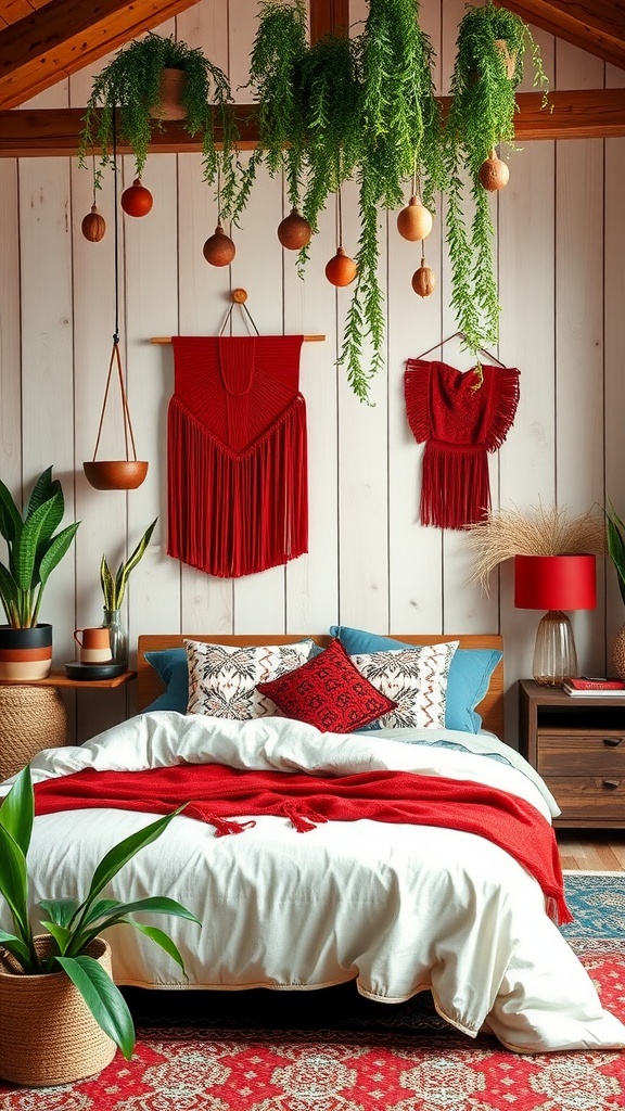 Boho bedroom featuring red accents and natural plants.