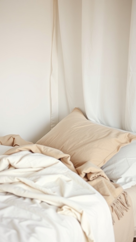 A cozy bed with natural fabric bedding in neutral tones, featuring a beige pillow and soft, layered throws.