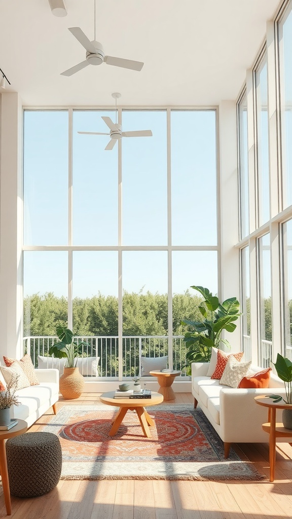 Bright and airy Boho living room with large windows, white couches, and plants