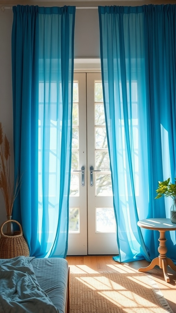 Bright blue drapes hanging in front of a door, allowing natural light to enter a cozy bedroom.