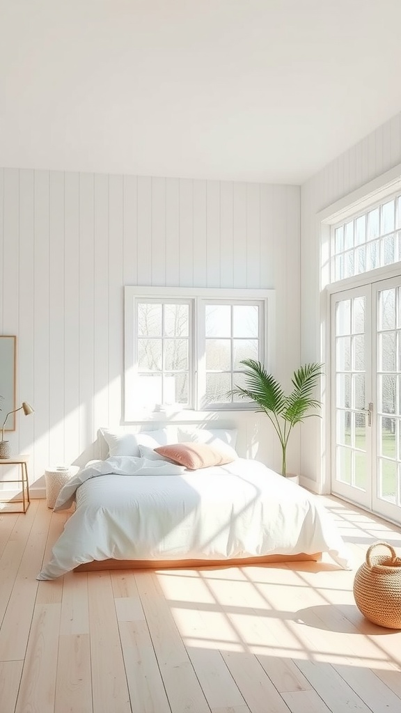 A bright modern farmhouse bedroom with large windows, white bedding, and light wooden floors