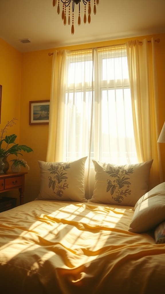 A bright yellow boho bedroom filled with natural light, featuring floral pillows and a plant.