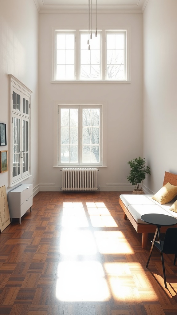 A spacious, sunlit bedroom with large windows, wooden flooring, minimalist furniture, and a plant in the corner.