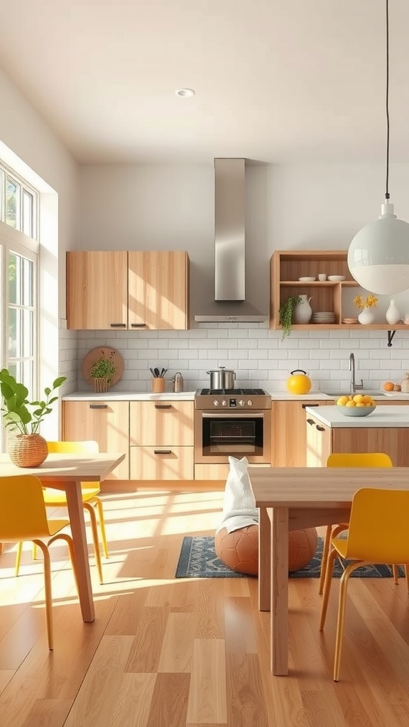 A bright kitchen featuring natural wood cabinets and yellow chairs, with sunlight illuminating the space.