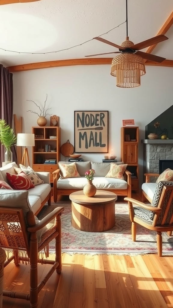 A cozy boho living room featuring natural wood furniture, showcasing a light wood round coffee table and woven chairs.