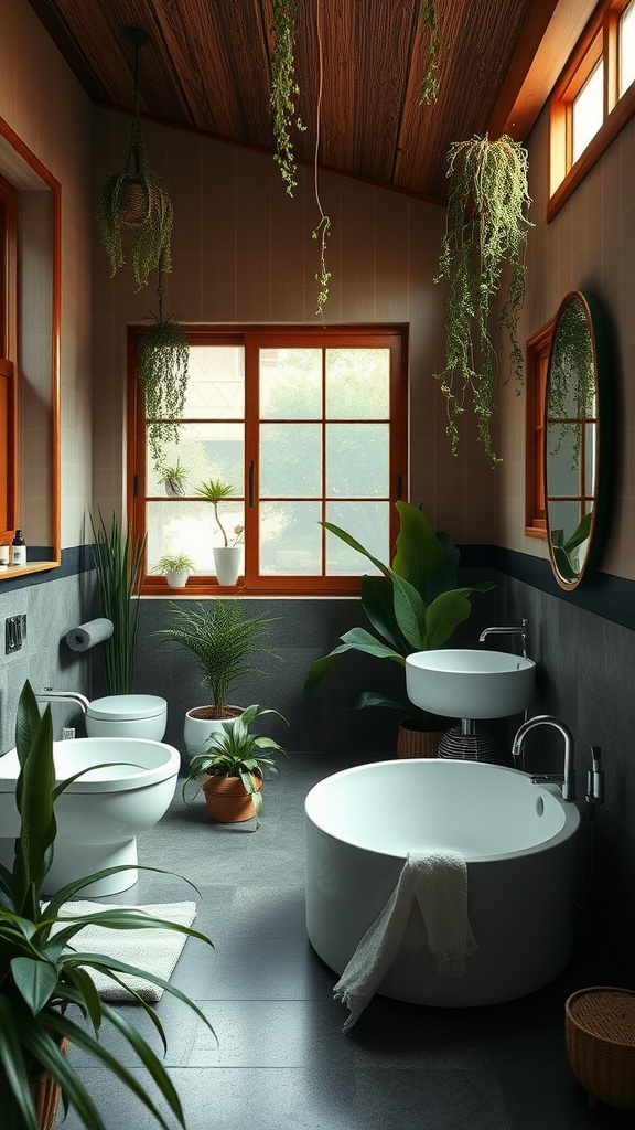 Japandi bathroom featuring nature-inspired elements and greenery