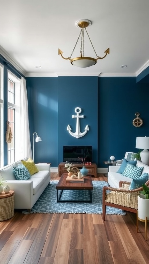 A nautical-themed living room featuring deep blue walls, white sofas, and a coastal decor.