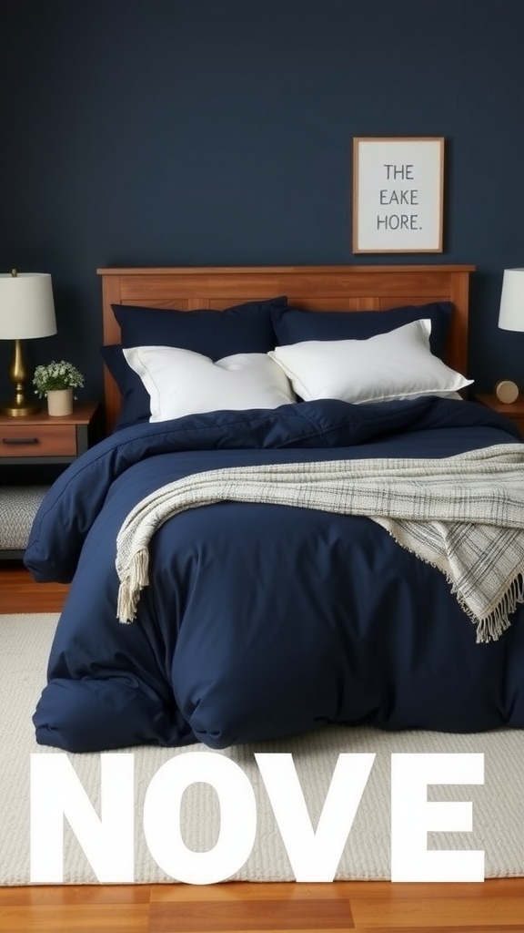A modern farmhouse bedroom featuring navy blue bedding with white accents on a wooden bed frame.