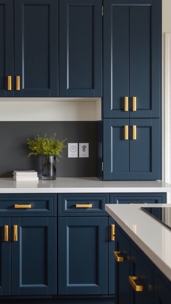 Modern farmhouse kitchen with navy cabinetry and brass hardware