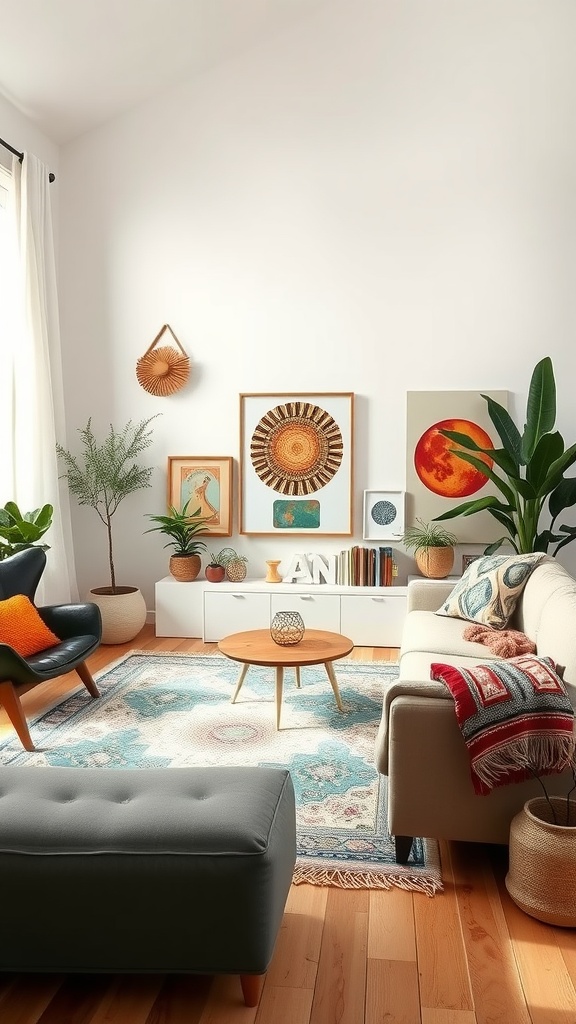 A cozy boho living room featuring neutral walls, colorful accents, and natural elements.