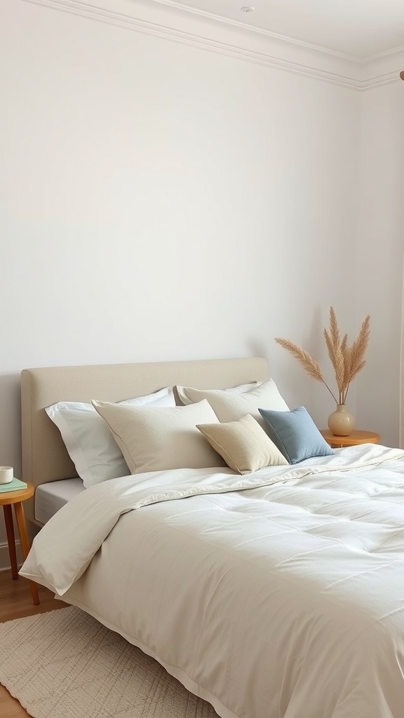 A beautifully styled bedroom featuring a neutral color palette with soft beige and cream tones.