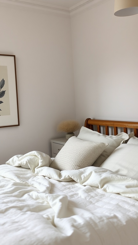 Cozy bedroom featuring neutral toned bedding and textured layers