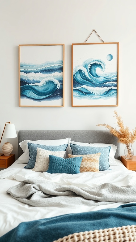 Boho bedroom with ocean-inspired artwork featuring waves in blue tones.