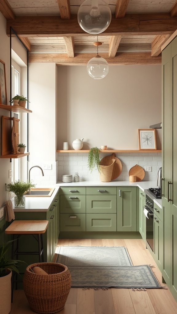 A kitchen featuring olive green cabinets and soft beige walls, with wooden beams and natural decor.