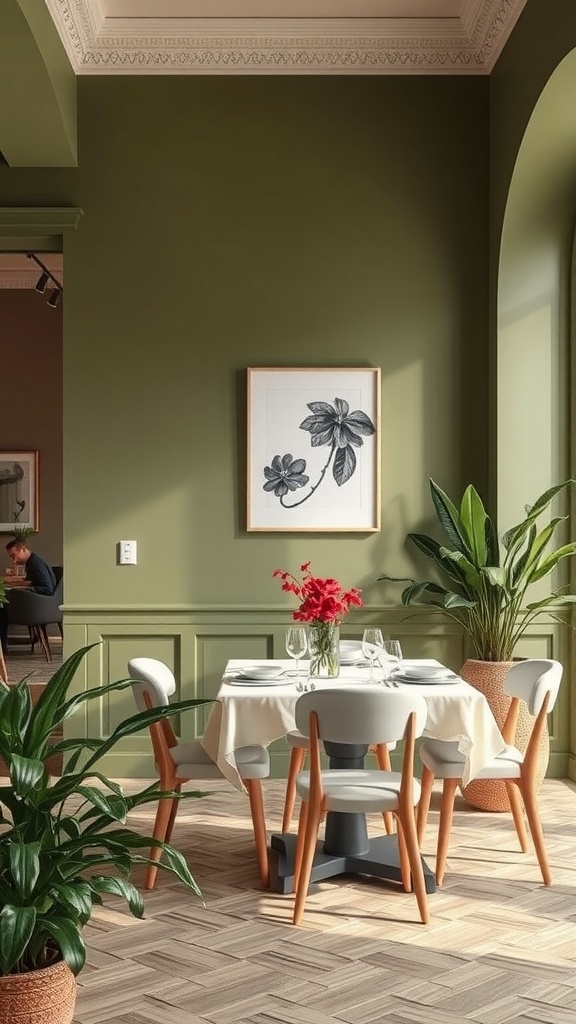A dining room featuring olive green walls, a round table with a white tablecloth, modern chairs, and plants.