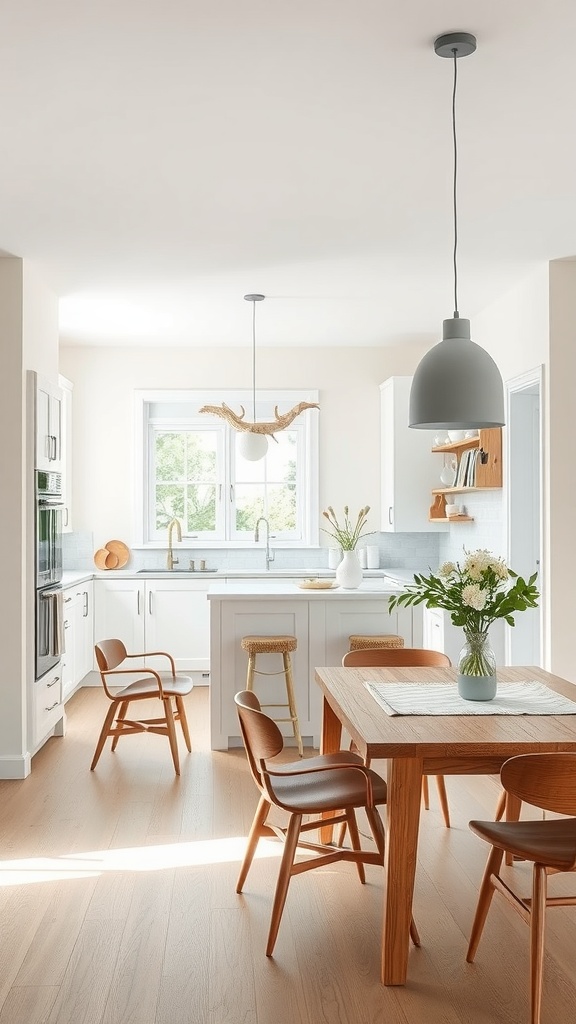 A bright and airy Scandinavian kitchen with an open concept layout, featuring white cabinets, light wooden floors, and a wooden dining table with four chairs.
